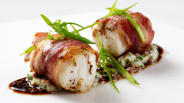 transparent monkfish medallions wrapped in pancetta