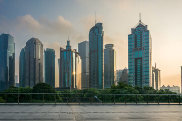Naklejka premium Modern Skyscrapers in Urban Business District with Clear Sky