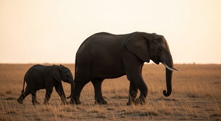 Fototapeta premium Mother elephant and her young calf walking across a golden savanna during dusk