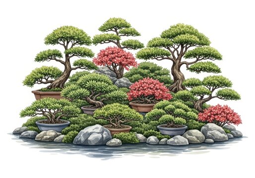 Lush Collection of Bonsai Trees Surrounded by Rocks and Water in a Serene Garden Setting