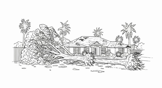 Drawing of a house after a tree fell on it, damaging the roof
