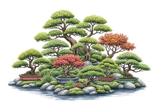 Lush Bonsai Tree Collection with Vibrant Foliage Surrounded by Rocks and Greenery