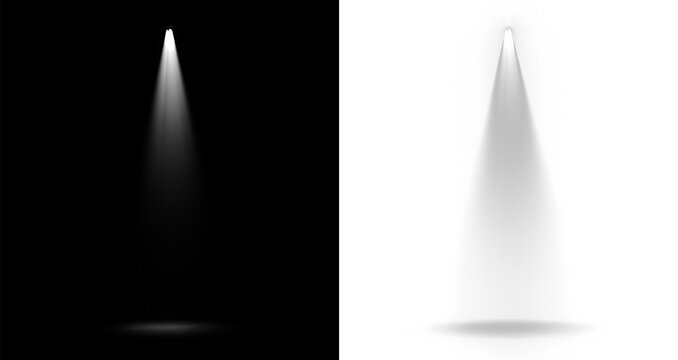 Spotlight illumination with short conical white beam and soft oval floor reflection, realistic studio light effect with focused top source for product mockup and art object presentation