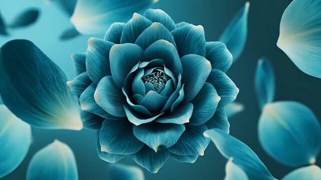 Abstract Teal Succulent Bloom with Floating Petals.