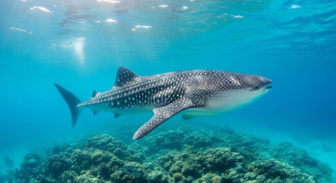 Majestic Whale Shark Gliding Gracefully Through Sunlightlit Ocean Waters Above Coral Reefs