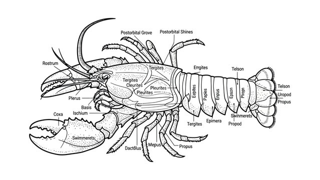 Detailed anatomical illustration of a lobster's body parts labeled