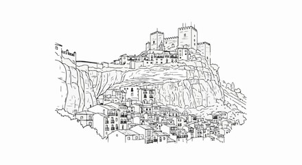 Fototapeta premium Black and white sketch of a fortified town built on a steep rocky cliff