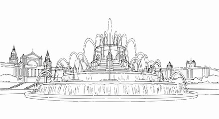 Fototapeta premium Ornate tiered fountain splashes water in front of grand neoclassical architecture
