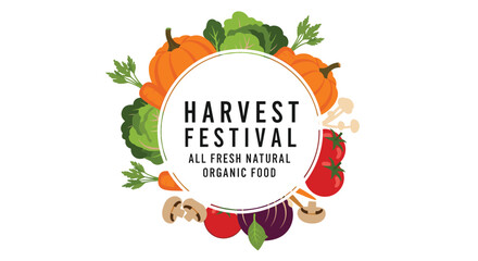 Fototapeta premium Harvest festival label featuring a variety of fresh organic vegetables like pumpkins and tomatoes in a circle.