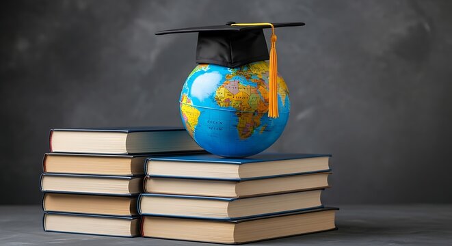 Academic success themed display with graduation cap placed on global map sphere and book stack
