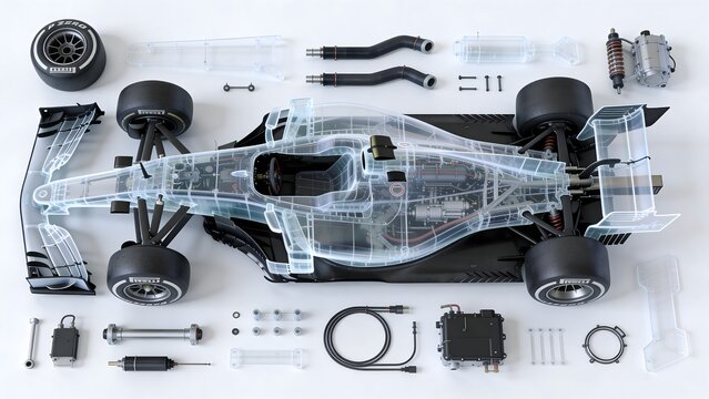 Formula race car internal frame X ray segmented into modular engineering components layout