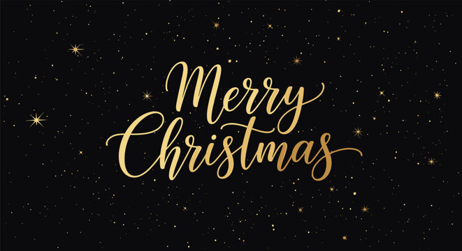 Elegant Merry Christmas typography in gold script on a black background filled with sparkling stars for festive holiday greetings.