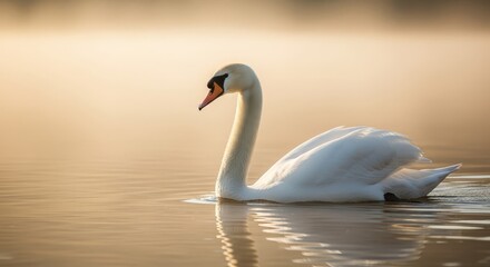 Obraz premium Elegant White Swan Gliding Gracefully Across Calm Water at Sunrise with Soft Golden Light