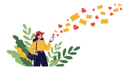 Fototapeta premium Woman using a mobile phone to send love and messages features floating heart and envelope icons against a background of green leaves.