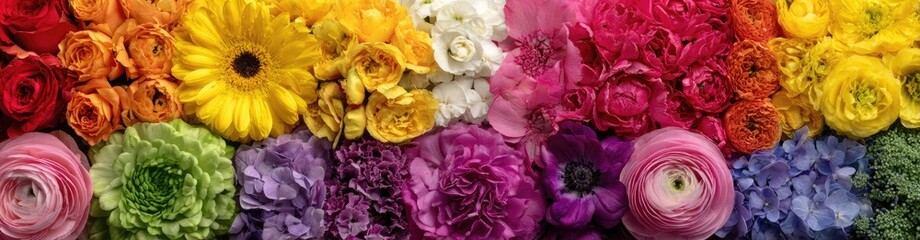 Obraz premium A vibrant rainbow of delicate blooms arranged in a horizontal, full-frame composition