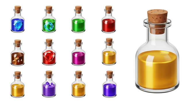 Collection of pixel art potions in glass bottles with cork stoppers, offering a variety of colors and textures, game assets, fantasy elements