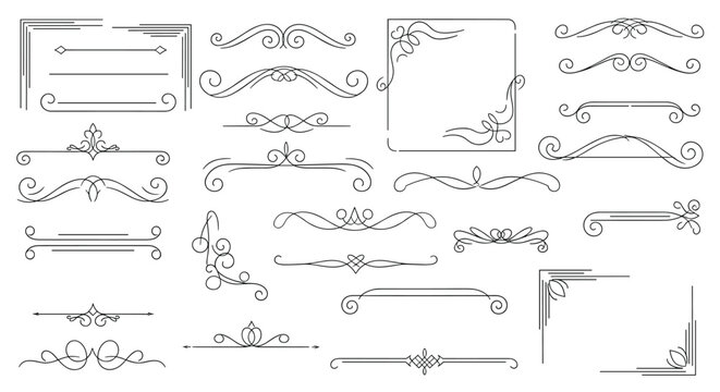 Extensive collection of elegant black calligraphic ornaments, borders, dividers, and corners for vintage style document design.