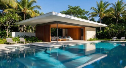 Fototapeta premium Modern Luxury Resort Poolside Cabana with Tropical Palm Trees.