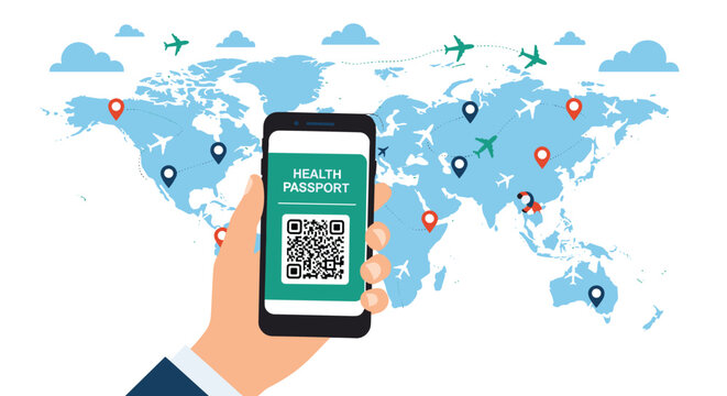 Digital health passport concept showing a smartphone with a QR code held against a global world travel map background.