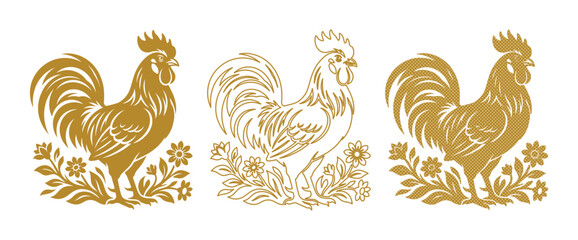 Golden rooster vector illustrations, vintage farm animal silhouettes with floral accents, set of 3 elegant gold cockerel icons for branding © Ahmad