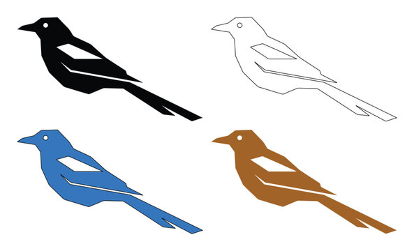 Minimalist magpie bird vector icons, geometric songbird silhouettes in black blue and brown, set of 4 stylized avian illustrations for logo design