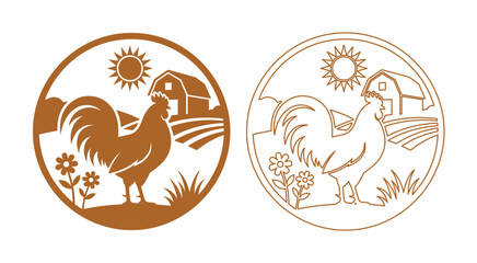 Vintage rooster farm logo set, rustic poultry ranch emblems with barn and sun, brown organic agriculture vector icons for food packaging © Ahmad