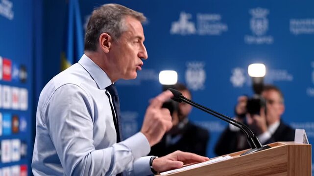 A recording of a man speaking at a press conference in front of a blue backdrop with logos, captured while he gestures emphatically at the podium.