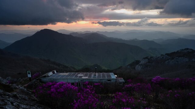 Gajisan Mountain sunset timelapse with dramatic moving clouds over a vast valley and layered mountain ranges, where blooming azalea flowers color the landscape and a mountain shelter appears
