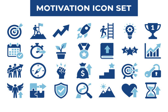 Motivation and success icon set featuring business growth and achievement signs.