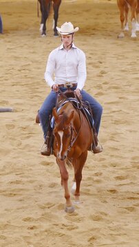 Western riding championship young man controlling horse in arena slow motion