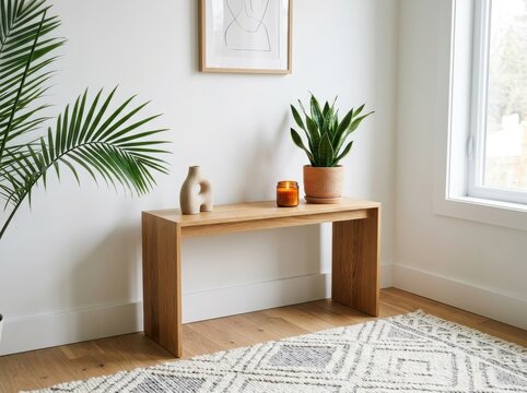 Modern console table with plant and decor