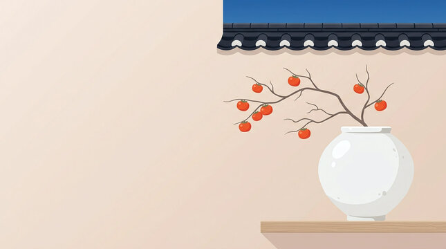 Traditional Korean roof Giwa with persimmon tree and autumn sky background