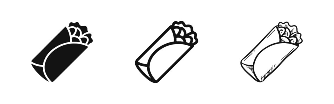 Burrito and wrap icon set, fast food shawarma symbol, mexican food vector illustration