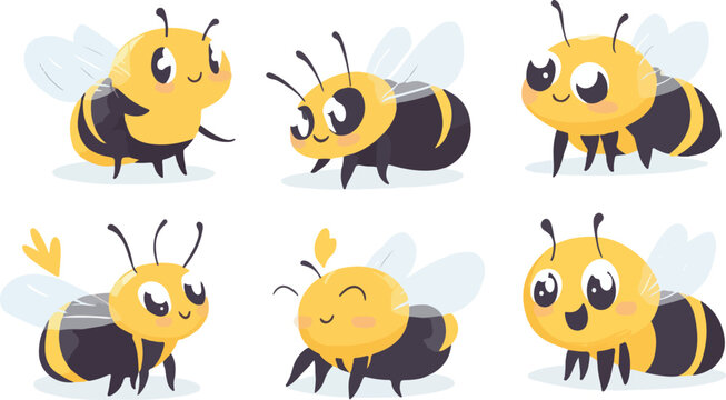Set of funny cartoon bee and insect vector illustrations featuring a cute animal collection with smiling face icons and comic character art for a fun baby drawing
