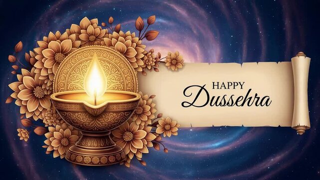 Burning diya with flower border and scroll on cosmic background. Traditional Dussehra greeting card. Celebration of Indian festival with light and floral design.