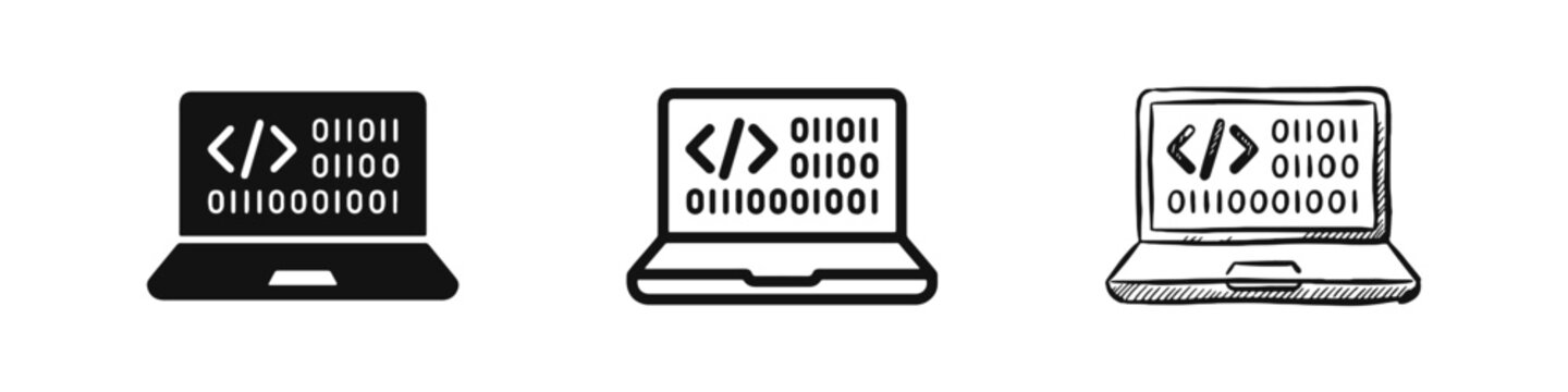 Programming and coding icon set, software development on laptop, binary code vector illustration