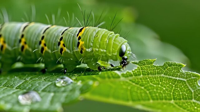 Closeup of a green caterpillar eating a leaf in nature.