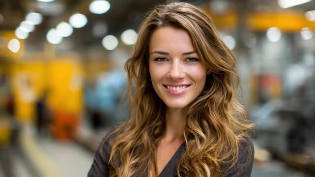 Confident Professional in Industrial Setting: A portrait of a poised professional, radiating confidence, smiles warmly in an industrial setting.