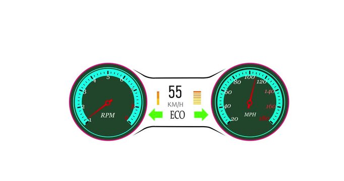 Digital car dashboard with navigation speedometer battery indicator animation. Electric car speedometer reaching speed extremely fast driving on a transparent background