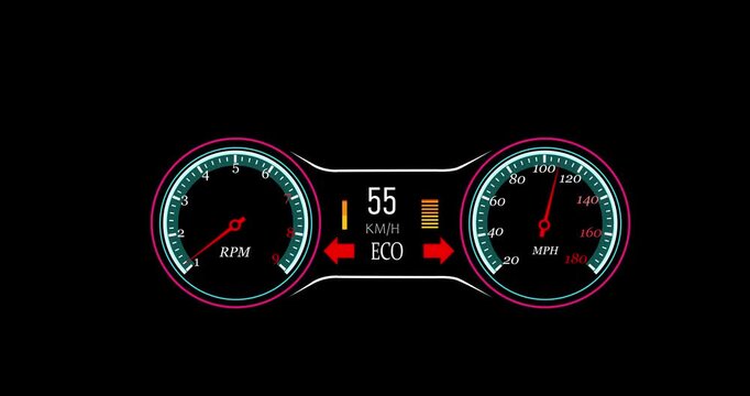 Digital car dashboard with navigation speedometer battery indicator animation. Electric car speedometer reaching speed extremely fast driving on a transparent background