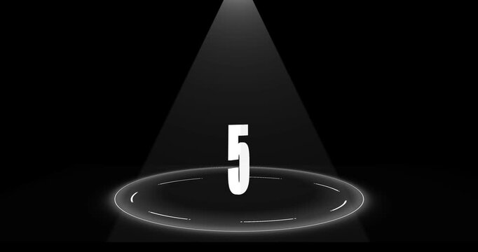 countdown counting from 10 to 0 seconds on glowing neon 3d circle shape in black background animation. Ten seconds countdown on light rays neon line effects