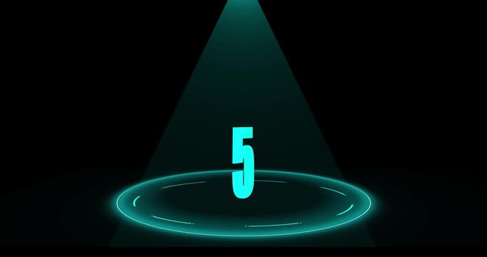 countdown counting from 10 to 0 seconds on glowing neon 3d circle shape in black background animation. Ten seconds countdown on light rays neon line effects
