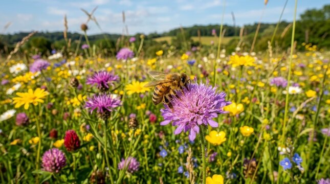 Close-up of a bee on a purple wildflower in a vibrant meadow with a blurred background of trees and sky.