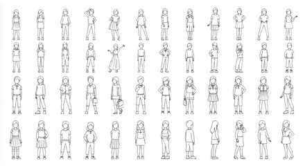 Minimalist line art people collection, 48 hand drawn human figures in various poses, architectural scale figures for rendering and design projects © SnapNest