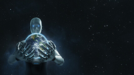 AI humanoid robot God holding planet Earth in outer space, artificial intelligence dominance and control the world concept, 3D render, CGI © FourEyesMonkey