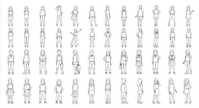 Minimalist line art people collection, 48 hand drawn human figures in various poses, architectural scale figures for rendering and design projects