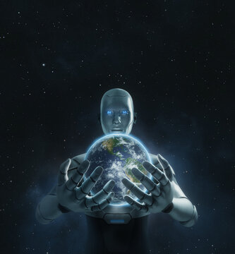 AI humanoid robot God holding planet Earth in outer space, artificial intelligence dominance and control the world concept, 3D render, CGI