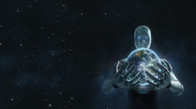 AI humanoid robot God holding planet Earth in outer space, artificial intelligence dominance and control the world concept, 3D render, CGI