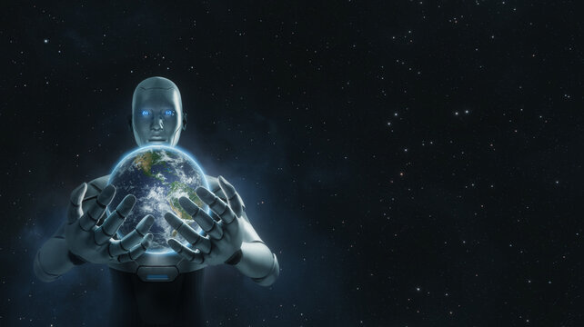 AI humanoid robot God holding planet Earth in outer space, artificial intelligence dominance and control the world concept, 3D render, CGI