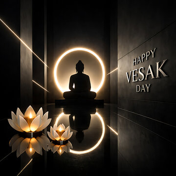 A serene Buddha silhouette meditates in a dark room with lotus candles